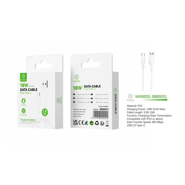 Woox MX0003 USB to Type C PVC Data Cable,18W 3.4A Max, 3.3ft 1m,White [12 pcs]