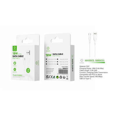 Woox MX0003 USB to Type C PVC Data Cable,18W 3.4A Max, 3.3ft 1m,White [12 pcs]