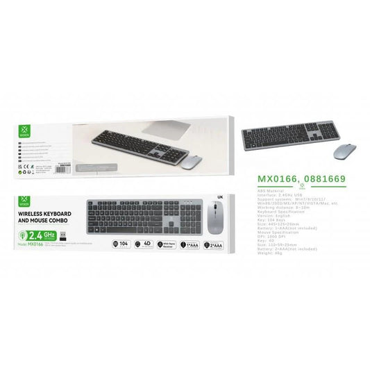 Woox MX0166 2.4G Wireless Keyboard & Mouse Combo, 800-1200-1600DPI, 1*AA battery (not Incl) English, Grey [SINGLE]