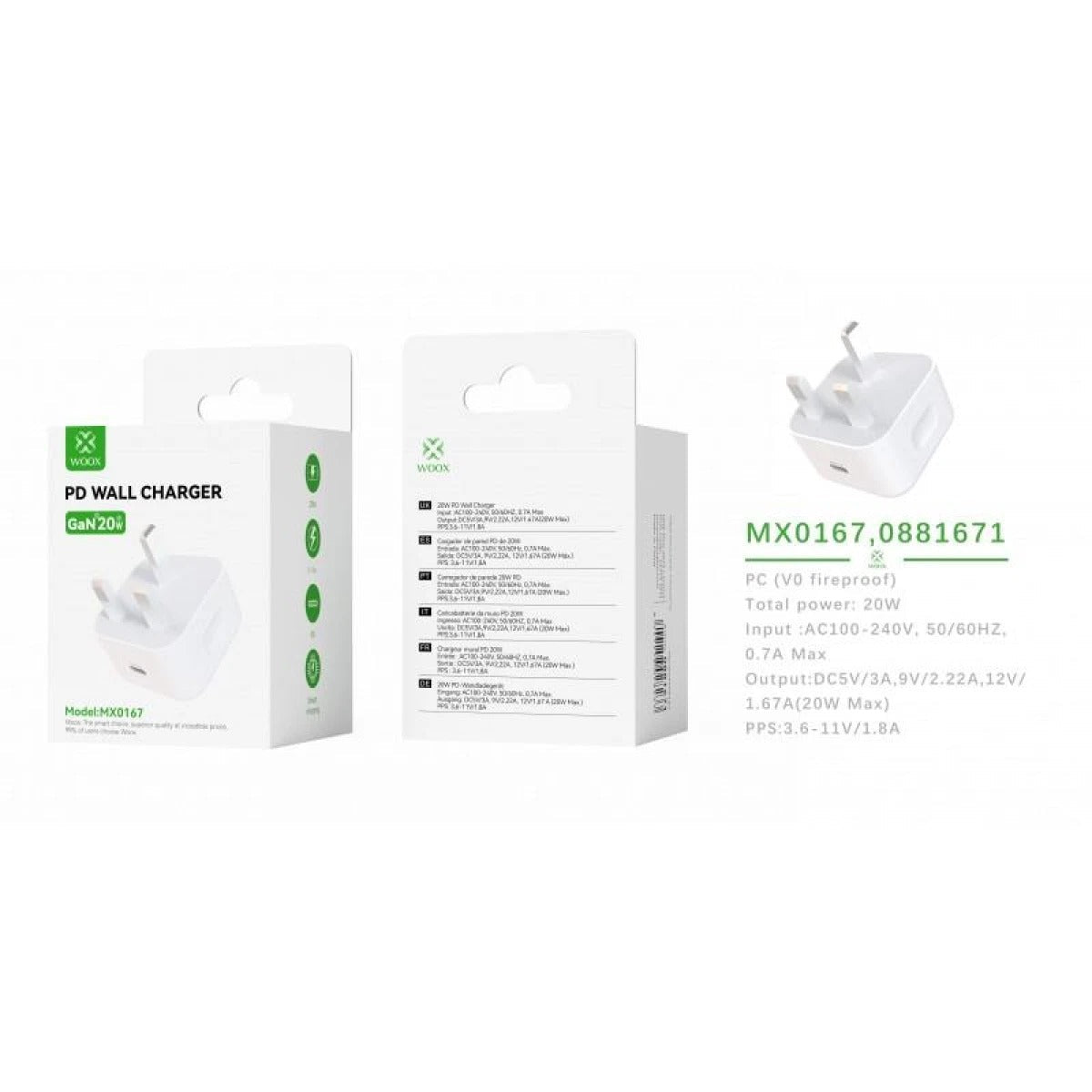 Woox MX0167 UK Type-C 20W PD Wall Charger without Cable, 5V 3A, , White [6 pcs]