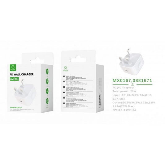 Woox MX0167 UK Type-C 20W PD Wall Charger without Cable, 5V 3A, , White [6 pcs]