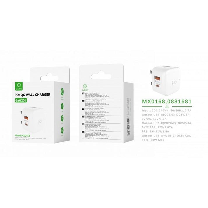 Woox MX0168 UK Type-C 20W PD & USB 3A QC Wall Charger without Cable,White [6 pcs]