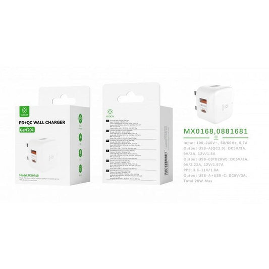 Woox MX0168 UK Type-C 20W PD & USB 3A QC Wall Charger without Cable,White [6 pcs]