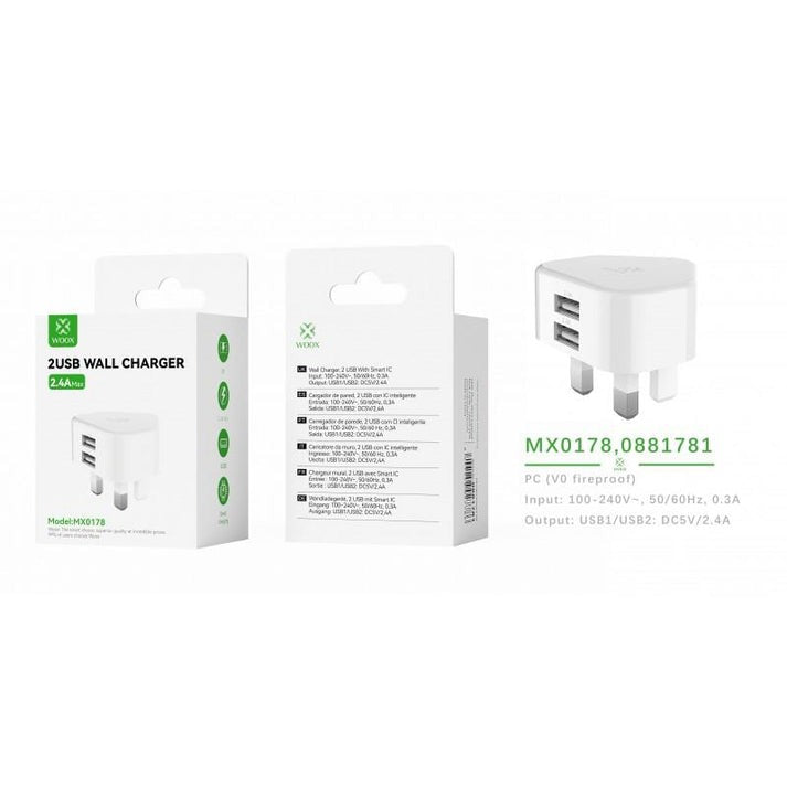Woox MX0178 UK Dual USB 2.4A Wall Charger without cable, White [6 pcs]