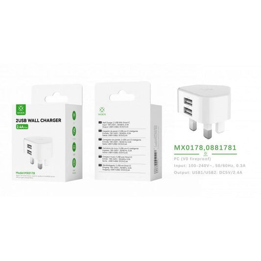 Woox MX0178 UK Dual USB 2.4A Wall Charger without cable, White [6 pcs]