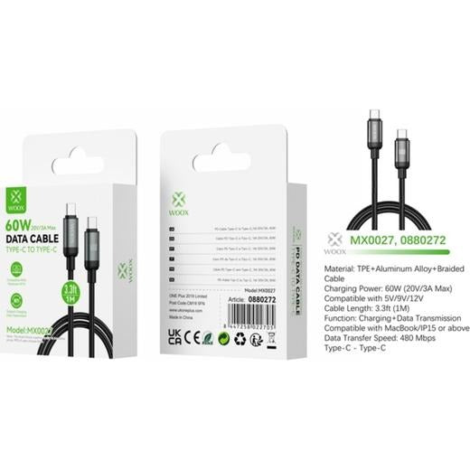 Woox MX0027 Type C toType C Braided Data Cable, 60W 20V/3A Max,3.3ft 1m, White [12 pcs]