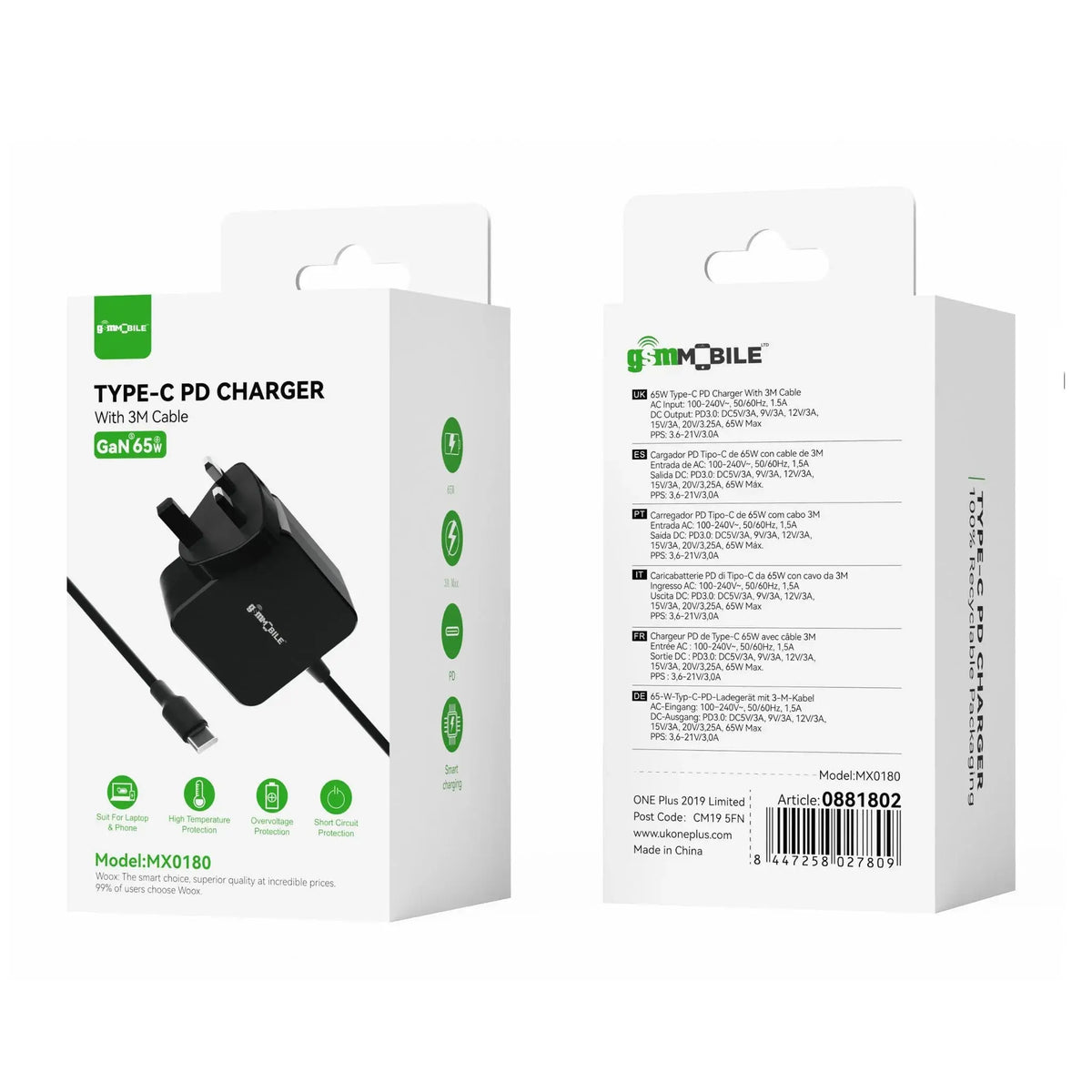 Woox MX0180 UK 65W Lap Top & Mobile Phone Super Charging Type-C PD Wall Charger with 3M connected cable, Black [SINGLE]