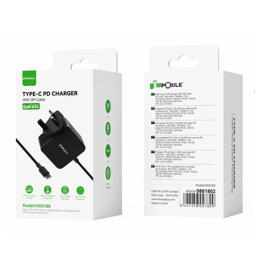 Woox MX0180 UK 65W Lap Top & Mobile Phone Super Charging Type-C PD Wall Charger with 3M connected cable, Black [SINGLE]